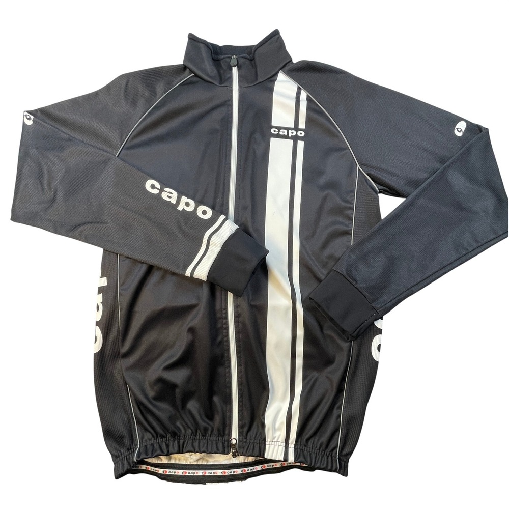 Capo Cycling Jacket Mens L Black White Full Zip Long Sleeve Back Pockets